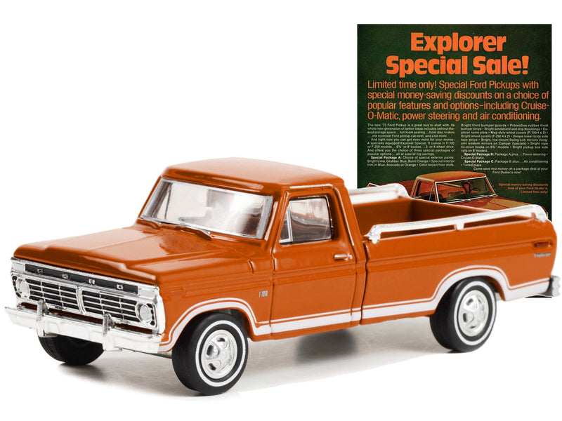 1973 Ford F-100 Explorer Pickup Truck Orange with White Stripes "Explorer Special Sale!" "Vintage Ad Cars" Series 8 1/64 Diecast Model Car