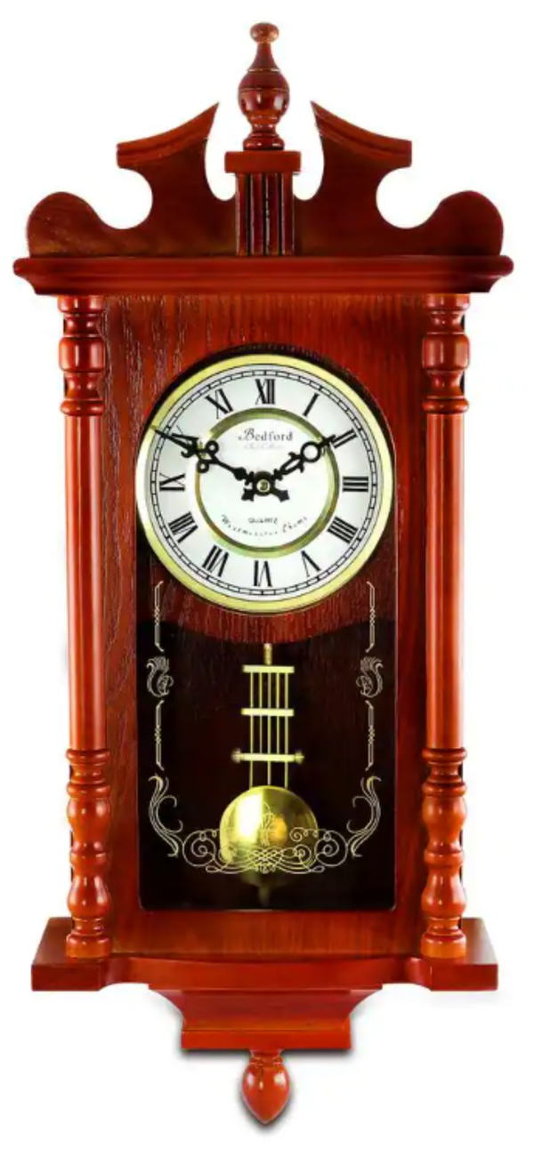 Bedford Collection 25 Inch Wall Clock With Pendulum And Chime In Dark Redwood Oak Finish