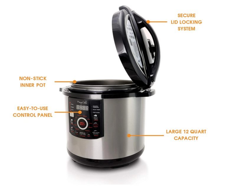 Megachef 12 Quart Steel Digital Pressure Cooker with 15 Presets and Glass Lid