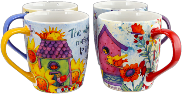 Gibson Birdhouse Floral 18 Oz Cup Set, Set Of 4 Assorted Designs