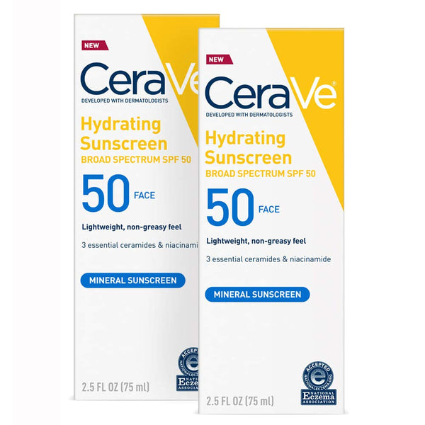 Hydrating Mineral Sunscreen by CeraVe, SPF 50 Face (Pack of 2)