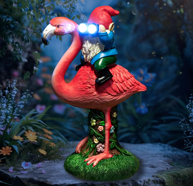 Solar Flamingo Gnome Garden Statue