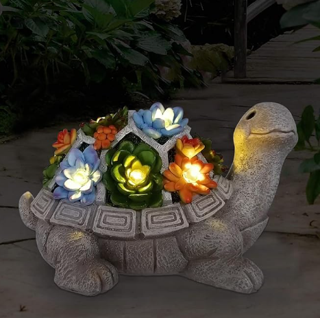 Nacome Outdoor Solar Garden Turtle Statue with Succulent and 7 LED Lights