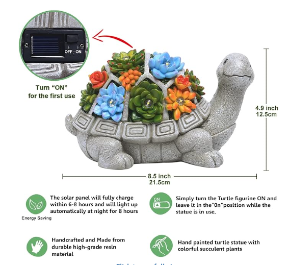 Nacome Outdoor Solar Garden Turtle Statue with Succulent and 7 LED Lights