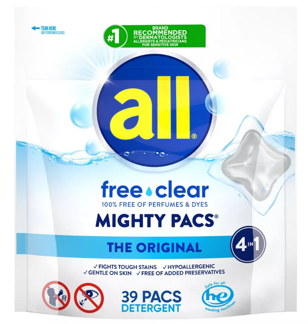 All Mighty Pacs Free Clear Laundry Detergent Pacs, 39 ct