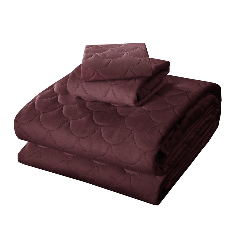 Mainstays Poly Velvet Plush Scallop Stitched 3-Piece Full/Queen Quilt Set, Metro Burgundy