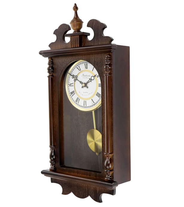 Bedford Clock Collection Leo 21 Inch Chestnut Wood Chiming Pendulum Wall Clock