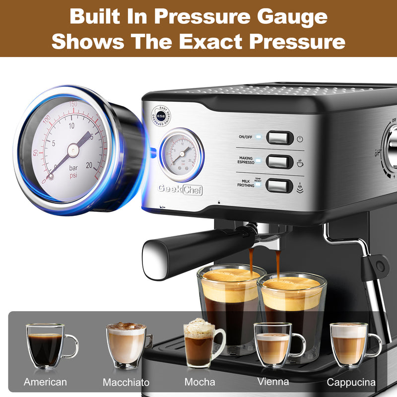 Geek Chef 20 Bar Pump Pressure Coffee Espresso Machine - Silver