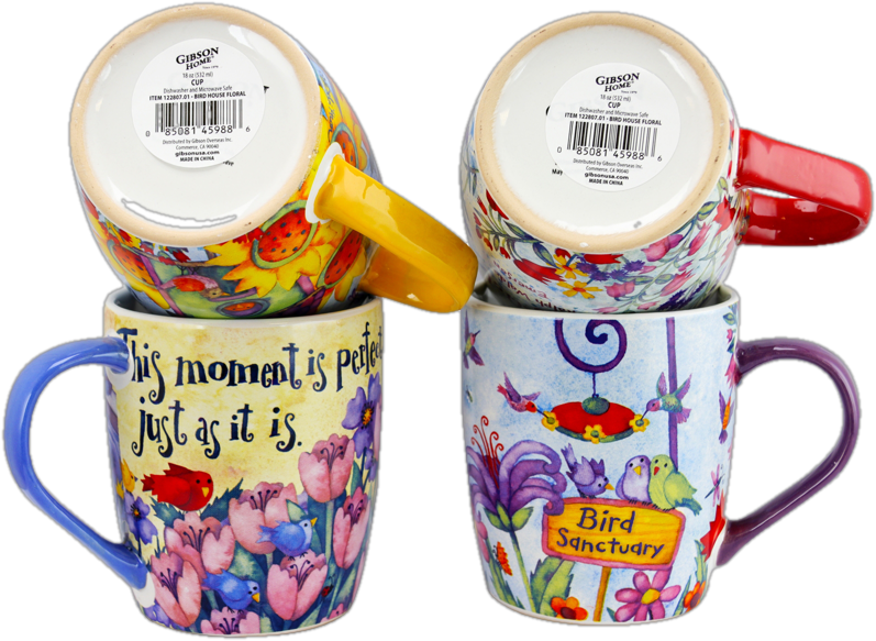 Gibson Birdhouse Floral 18 Oz Cup Set, Set Of 4 Assorted Designs